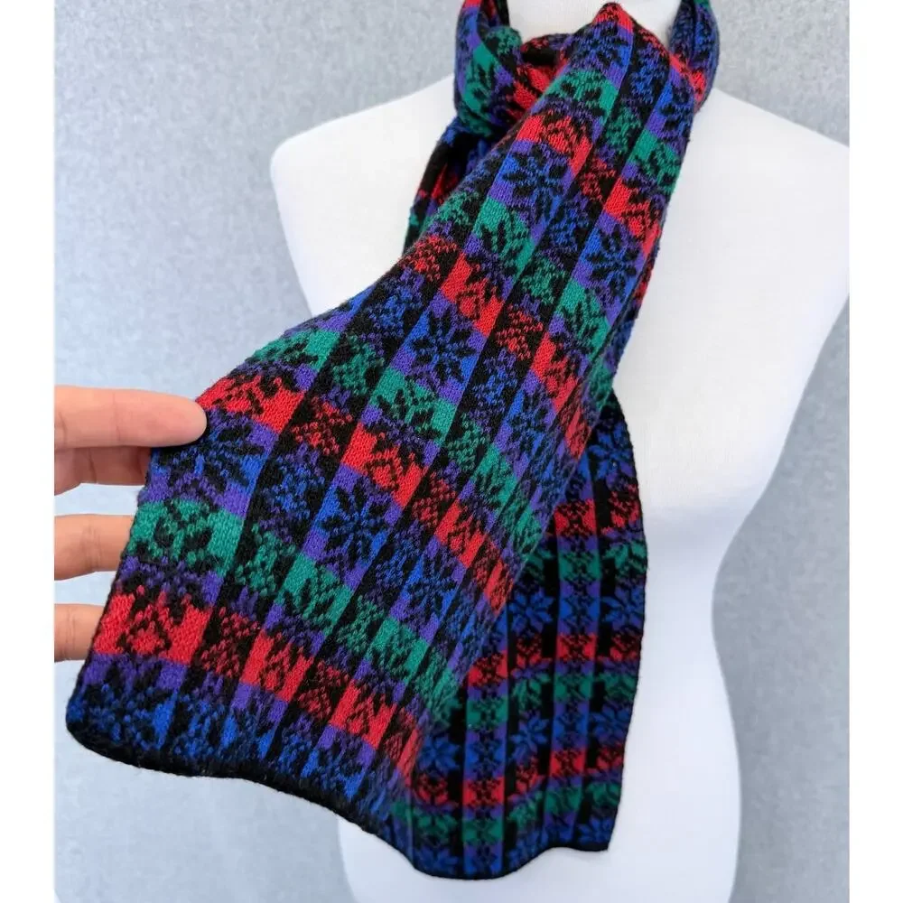 Women's Multi-Color Knit Scarf Black Red Green Blue Purple Fair Isle Pattern